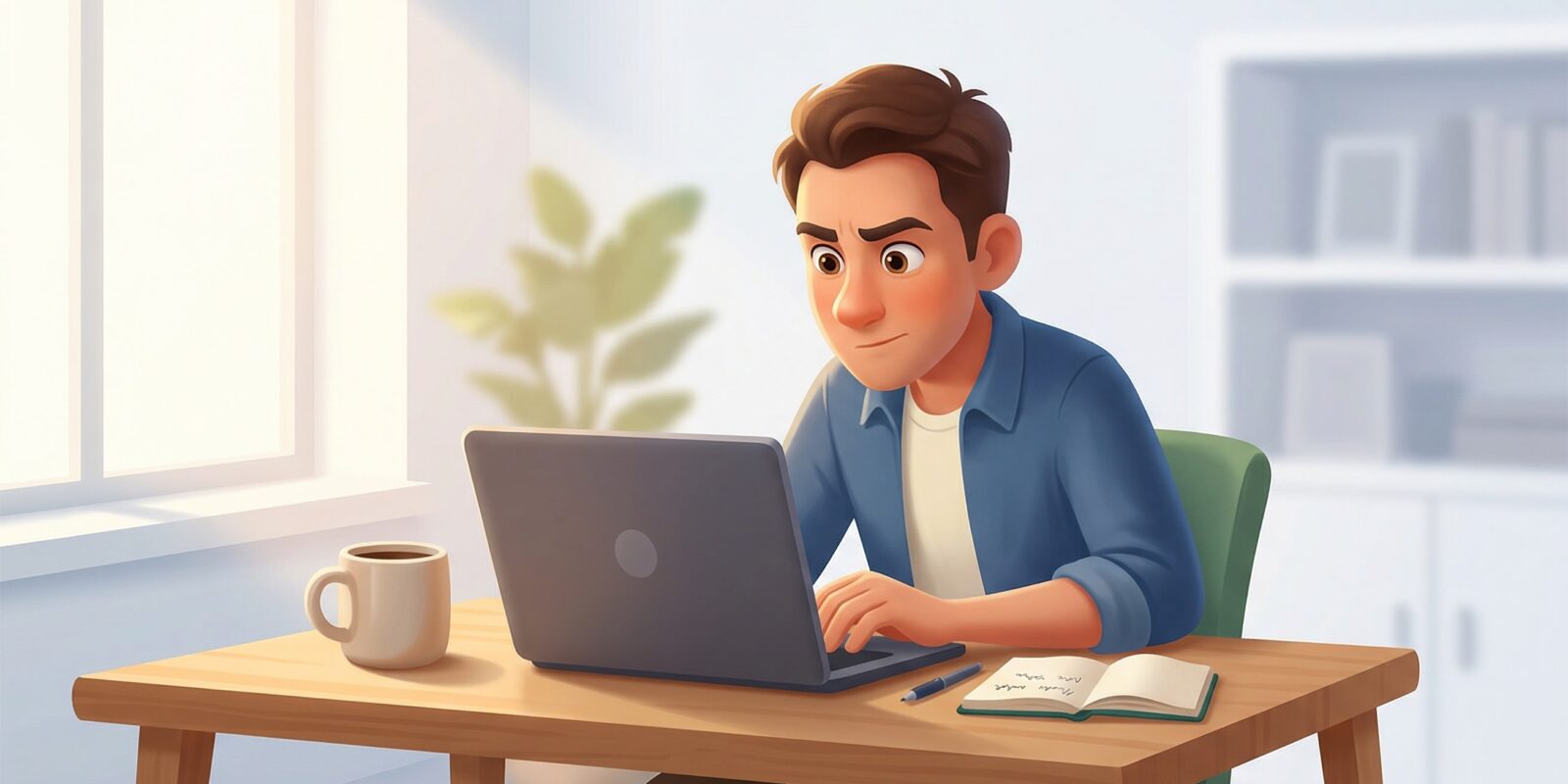 Illustration av man som arbetar vid laptop vid skrivbord med kaffemugg och anteckningsbok i ljust hemmakontor