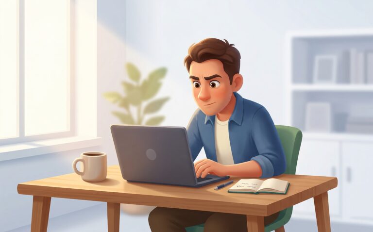 Illustration av man som arbetar vid laptop vid skrivbord med kaffemugg och anteckningsbok i ljust hemmakontor