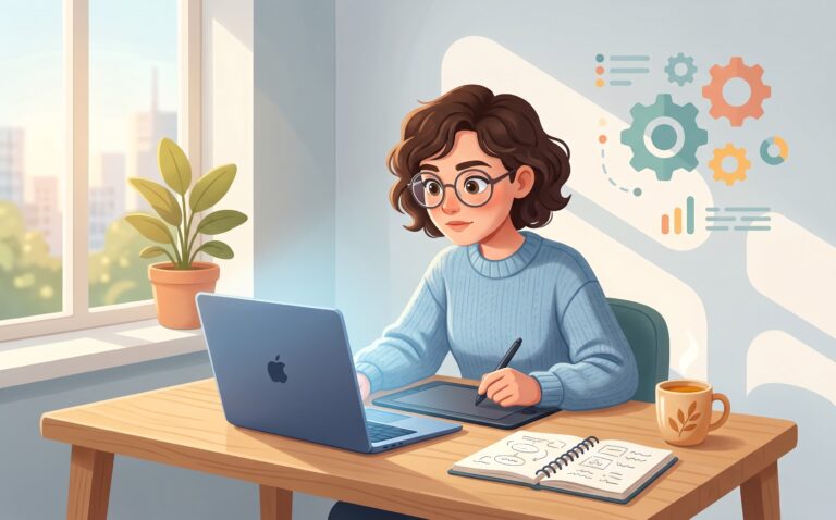 Illustration av kvinna med glasögon som arbetar vid laptop och ritplatta vid skrivbord, med kugghjulsgrafik i bakgrunden