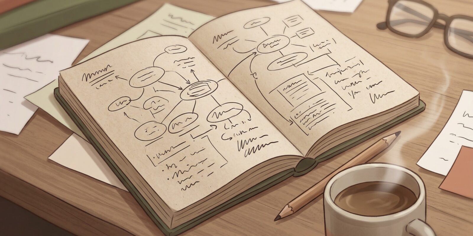 Öppen anteckningsbok med mindmap och skisser på skrivbord, med penna, kaffekopp, glasögon och lösa papper