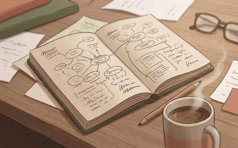 Öppen anteckningsbok med mindmap och skisser på skrivbord, med penna, kaffekopp, glasögon och lösa papper