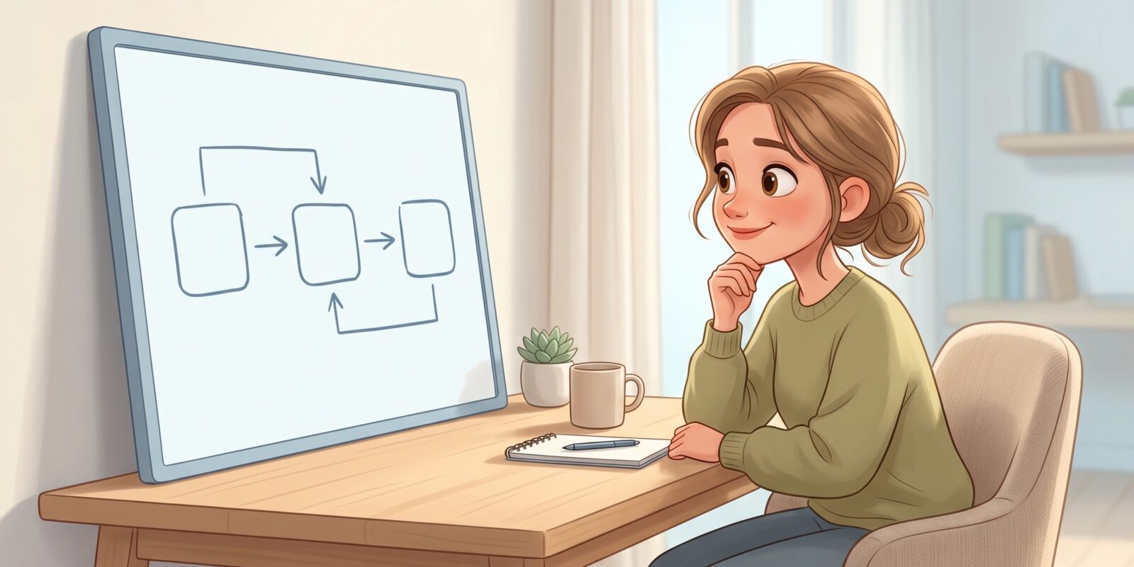 Illustration av kvinna vid skrivbord som planerar ett flödesschema på stor skärm med anteckningsblock och kaffe i hemmakontor