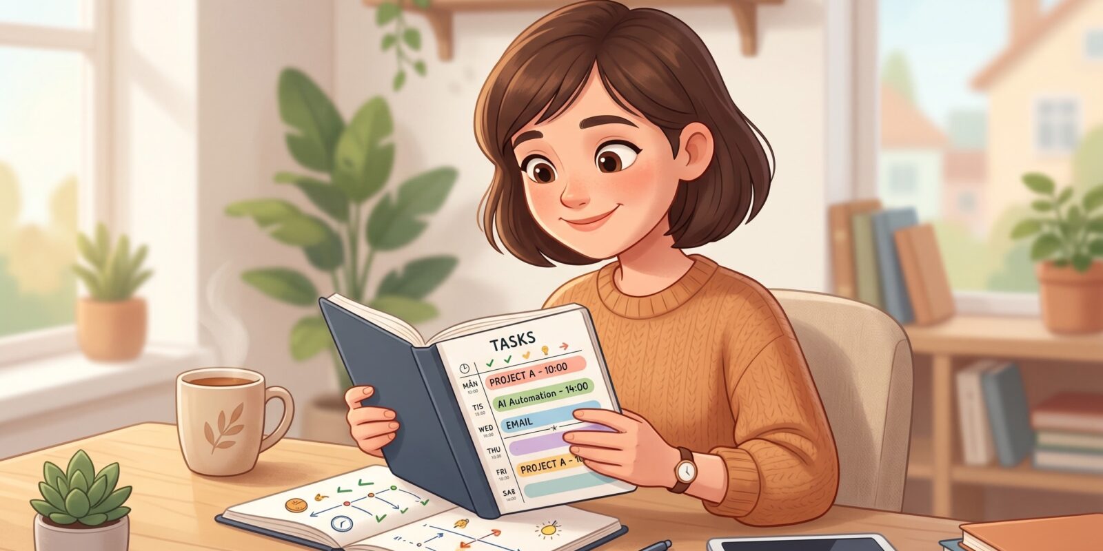 Illustration av kvinna som planerar veckans uppgifter i en anteckningsbok vid skrivbord med kaffe och surfplatta