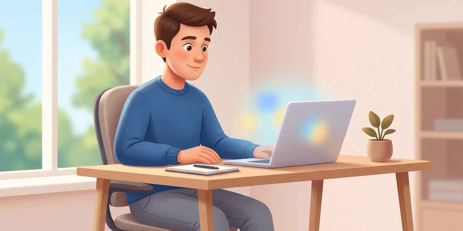 Illustration av en ung man som arbetar vid laptop vid skrivbord i ljust hemmakontor med fönster och krukväxt