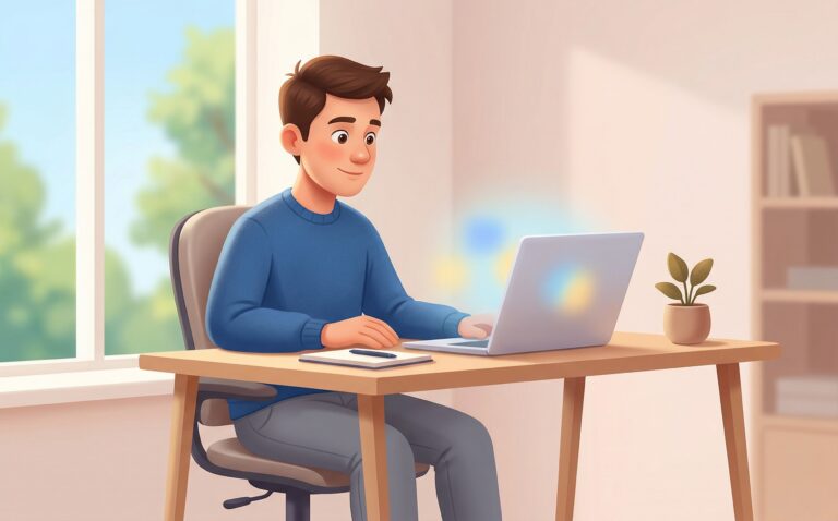 Illustration av en ung man som arbetar vid laptop vid skrivbord i ljust hemmakontor med fönster och krukväxt