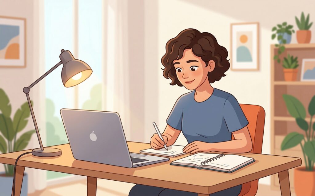 Illustration av kvinna som studerar vid skrivbord med laptop och anteckningsbok i ljust hemmakontor med växter