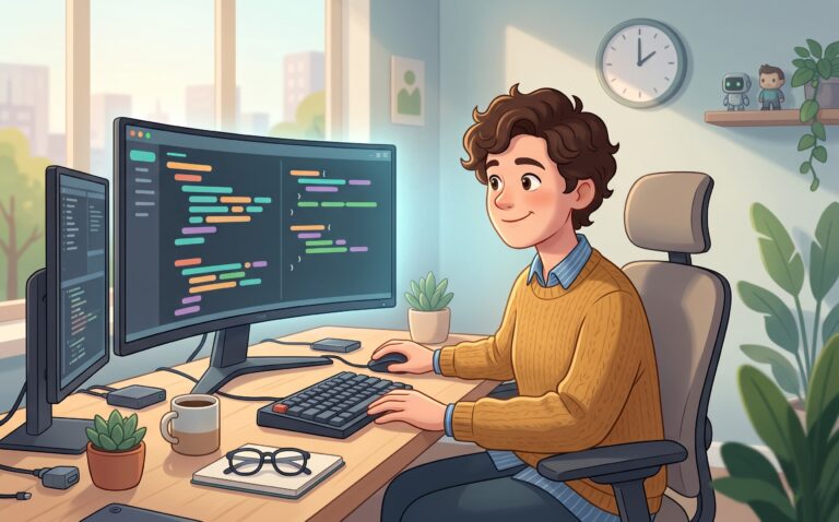 Illustration av programmerare som kodar vid skrivbord med två skärmar i ett ljust kontor med växter