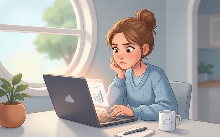 Orolig kvinna arbetar vid laptop hemma vid fönster, med diagram på skärm, kaffemugg och krukväxt på bordet