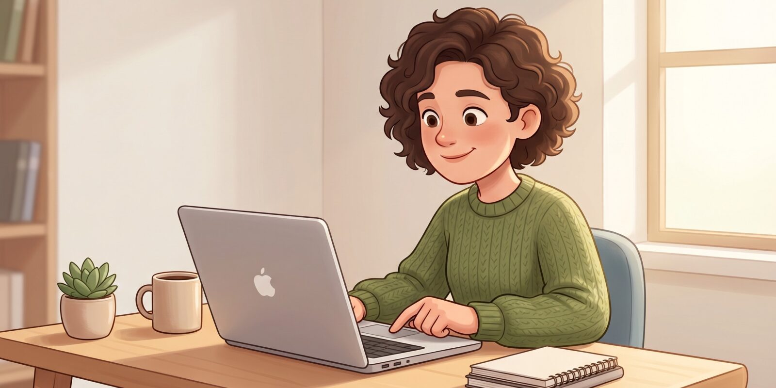 Illustration av ung person som arbetar och väljer webbhotell vid laptop vid skrivbord hemma med kaffe, anteckningsbok och fönsterljus