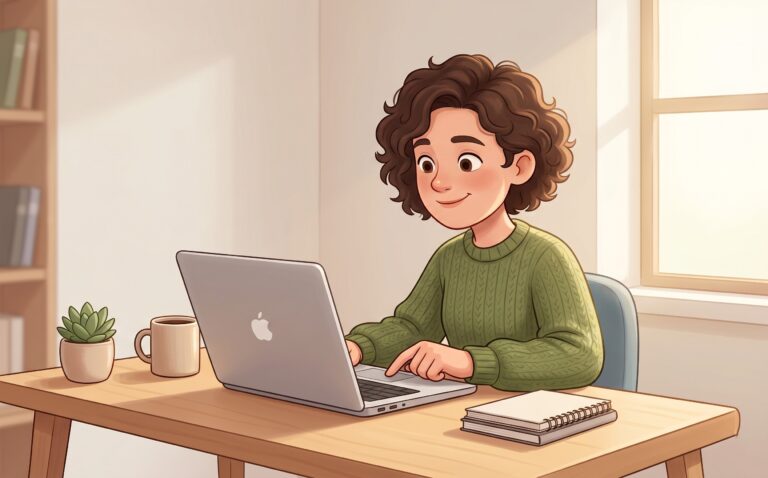 Illustration av ung person som arbetar och väljer webbhotell vid laptop vid skrivbord hemma med kaffe, anteckningsbok och fönsterljus