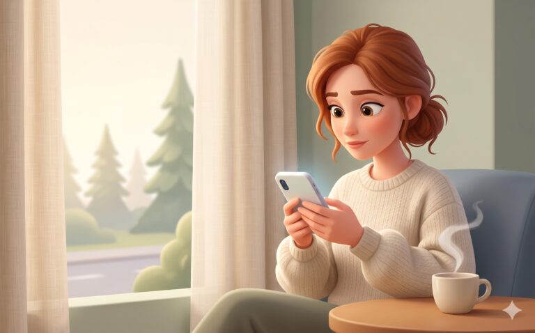 Illustration av kvinna i stickad tröja som sitter vid fönster och läser på mobilen med en kaffekopp på bordet