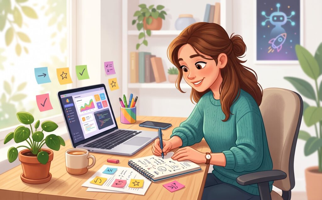 Illustration av kvinna som planerar projekt vid laptop och anteckningsbok i hemmakontor med post-it-lappar och växter