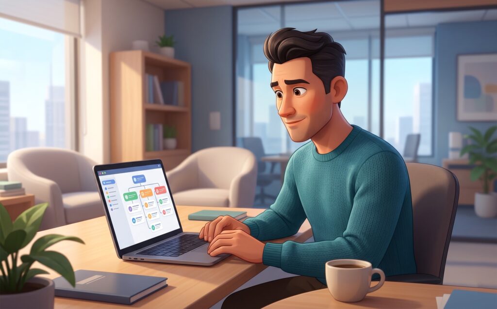 Illustration av man som arbetar vid laptop med flödesschema i modernt kontor med kaffekopp på skrivbordet