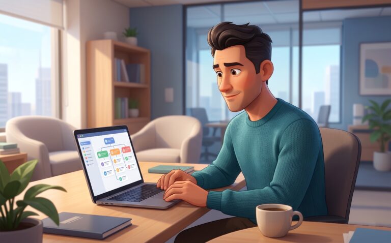 Illustration av man som arbetar vid laptop med flödesschema i modernt kontor med kaffekopp på skrivbordet
