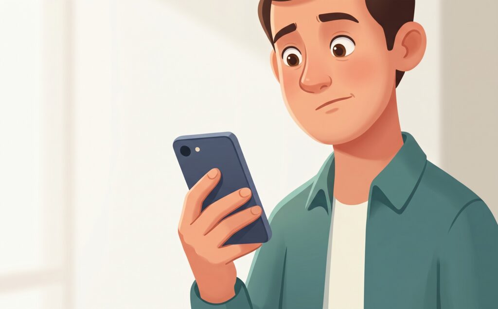 Illustration av man som tittar oroligt på sin smartphone, som vid problem med meddelande eller notis