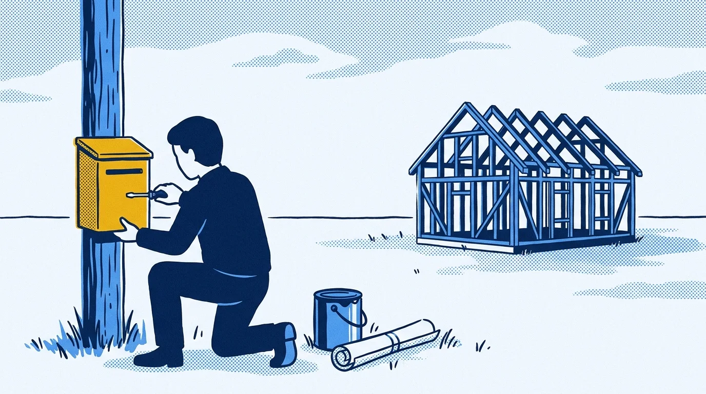 Illustration av person som monterar postlåda vid tomtgräns, med husstomme under byggnation i bakgrunden